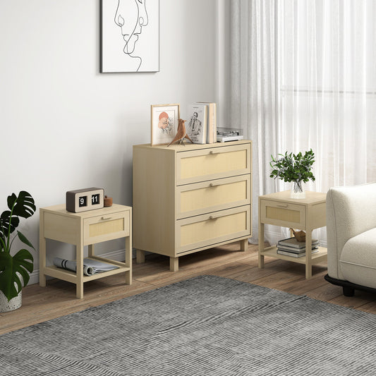 HOMCOM Chest of Drawer and Nightstands, Boho Rattan Furniture Set, Nature Wood Finish