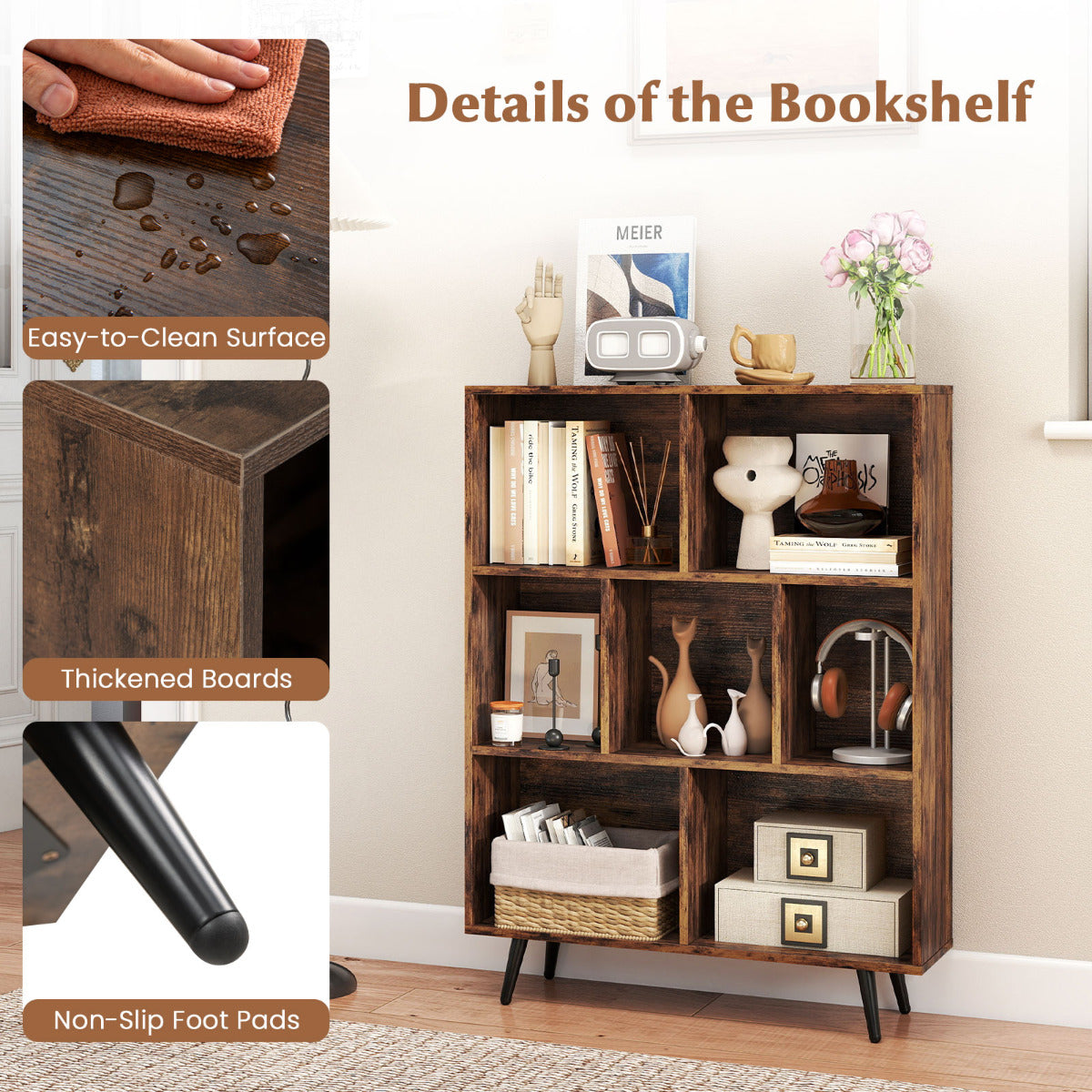 7-Cube Bookcase Mid Century Modern Storage Organizer with 4 Tapered Metal Legs-Coffee