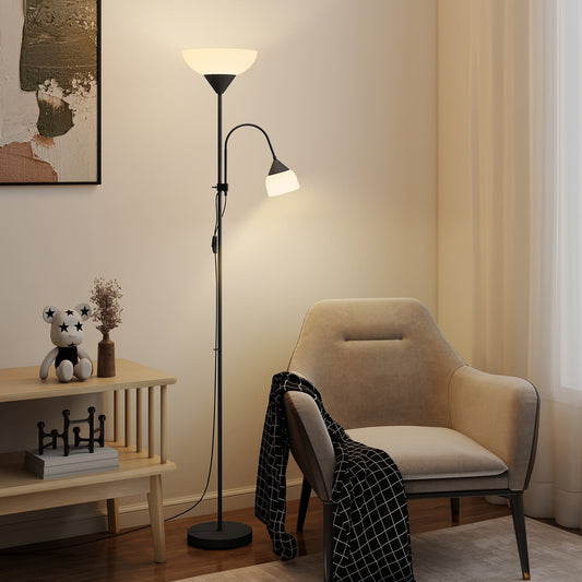 مصباح أرضي LED HOMCOM لغرفة المعيشة، مصباح قائم بطول 180 سم، مصباح إضاءة علوي للأم والطفل مع عنق إوزة قابل للتعديل، أسود