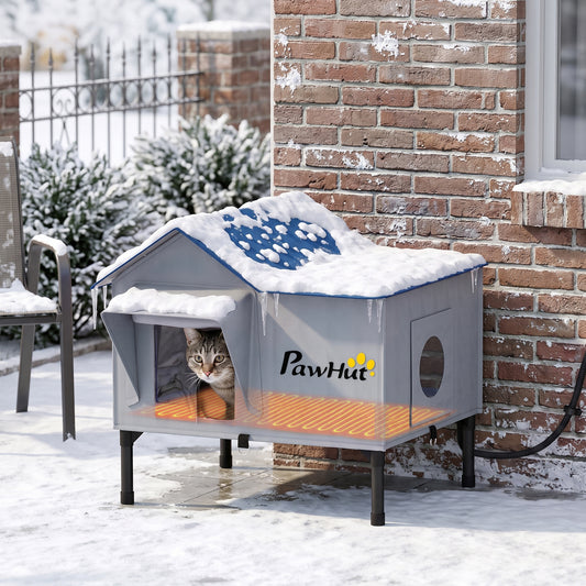 PawHut Heated Cat House Weatherproof w/ Heating Pad in Light Grey