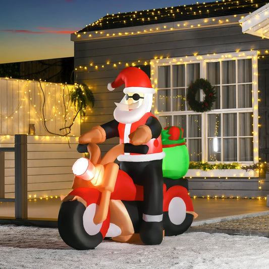 HOMCOM 5.5ft Christmas Inflatable Santa Claus Riding a Motorcycle Blow Up Decoration in White and Black and Red and Green
