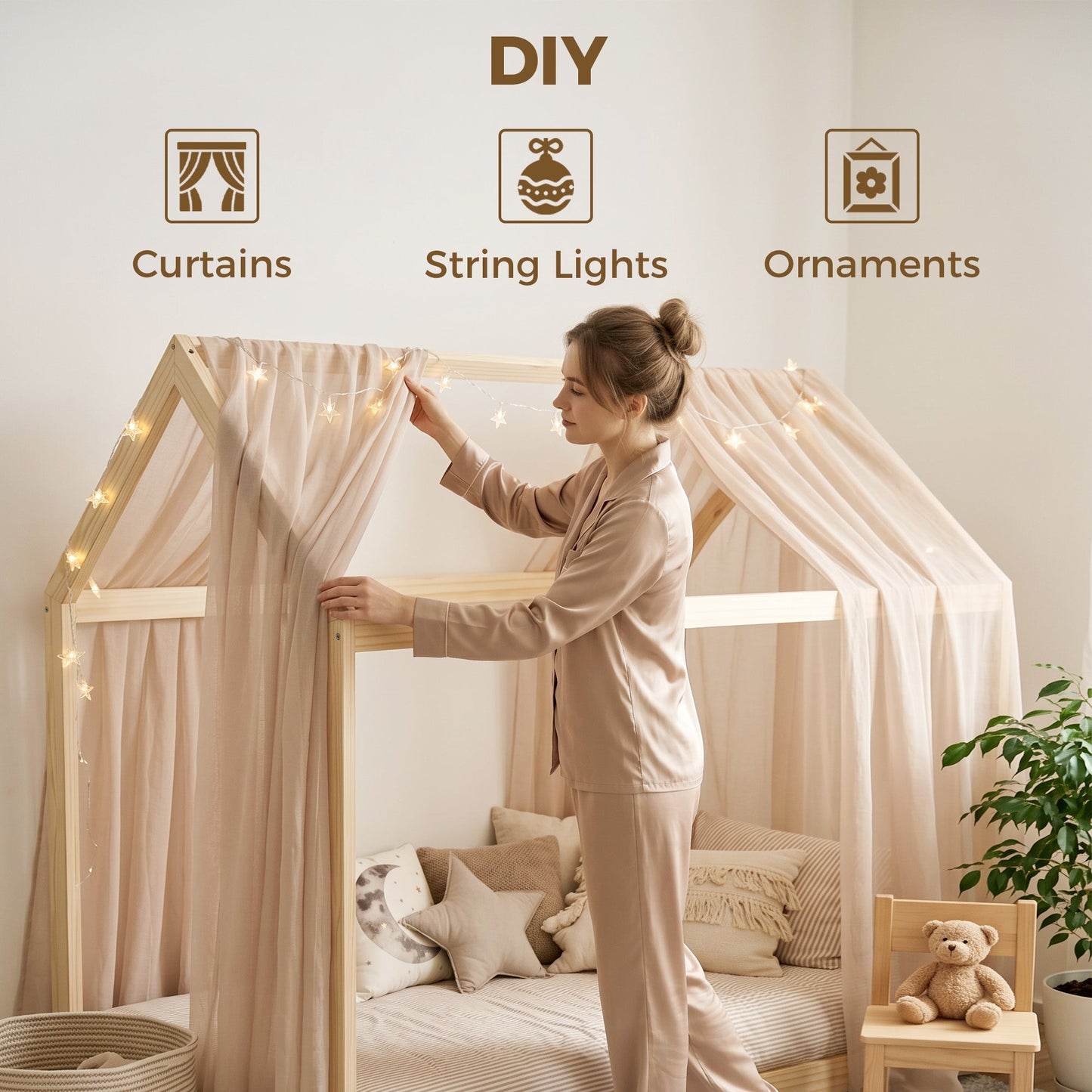 HOMCOM Single Bed Frame, House Scandinavian Wooden Bed Frame for 90W x 190Dcm Mattress, Pine Wood Bed Base, Natural Wood Finish