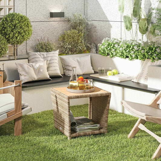 Outsunny Side Table 2-Tier Outdoor Coffee Table with Storage Shelf PS Wood Slat Top/Khaki