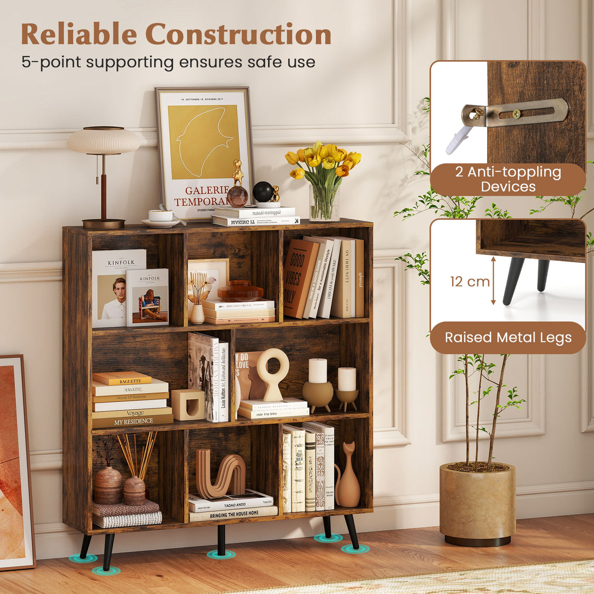 8-Cube Mid Century Modern Bookcase with 5 Tapered Metal Legs-Coffee