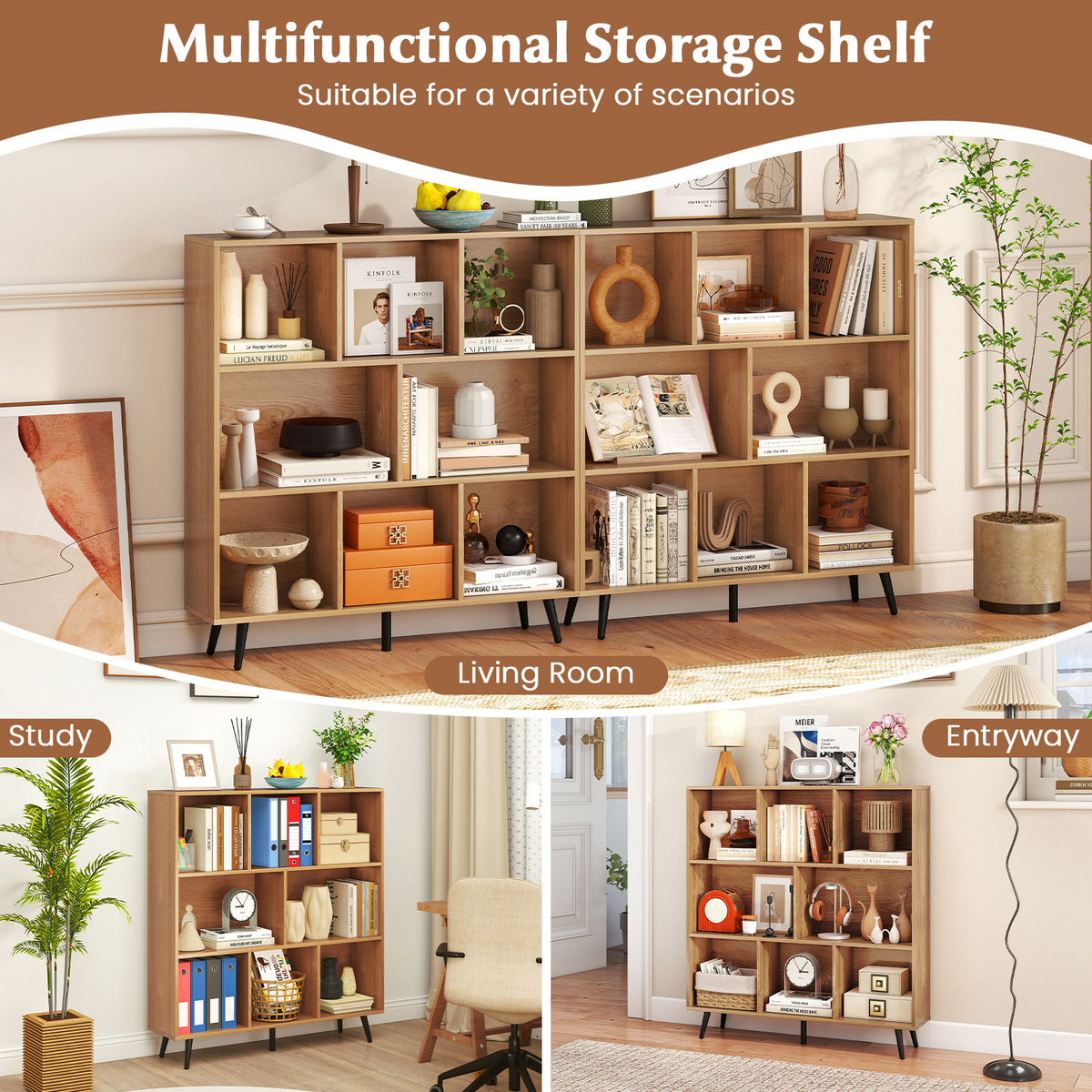 8-Cube Mid Century Modern Bookcase with 5 Tapered Metal Legs-Natural