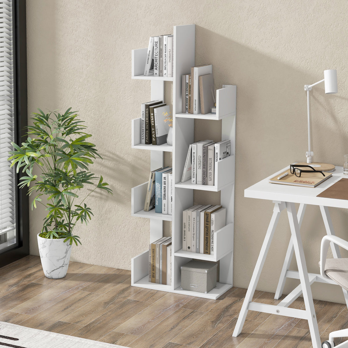 8-Tiers Floor Standing Tree Shaped Bookshelf-White