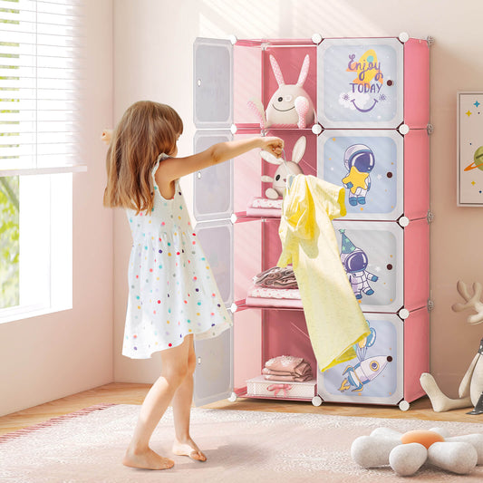 The pink kids closet organizer with a girl putting clothes away