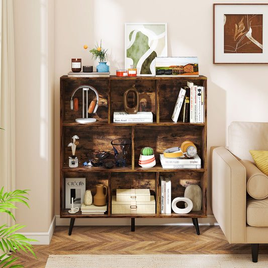 The wooden bookcase filled with various home decor items and books in a living room setting