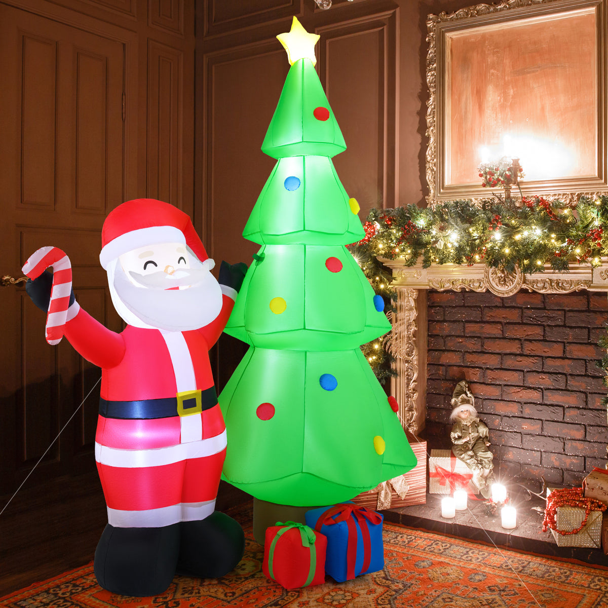 The inflatable Santa and Christmas tree decoration is placed indoors in a living room with a fireplace