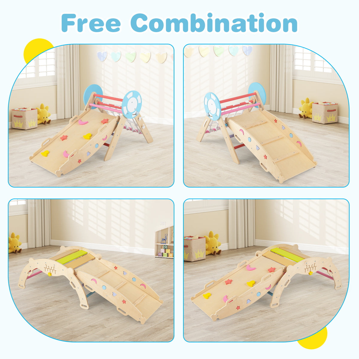 Four different combinations of the wooden climbing frame