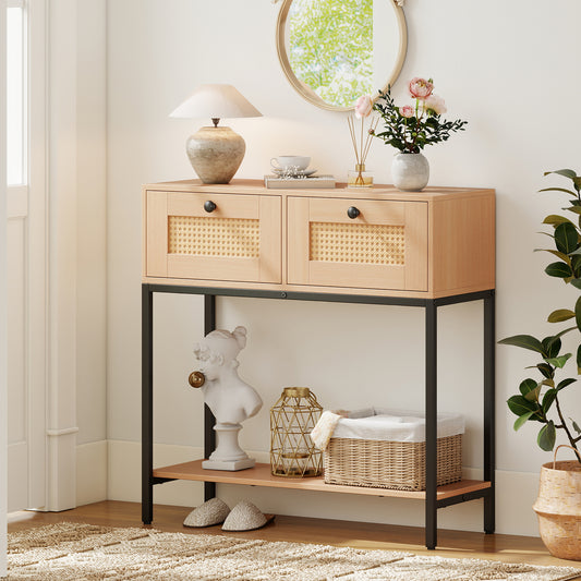 the console table styled in a bright hallway with a mirror and decorative items