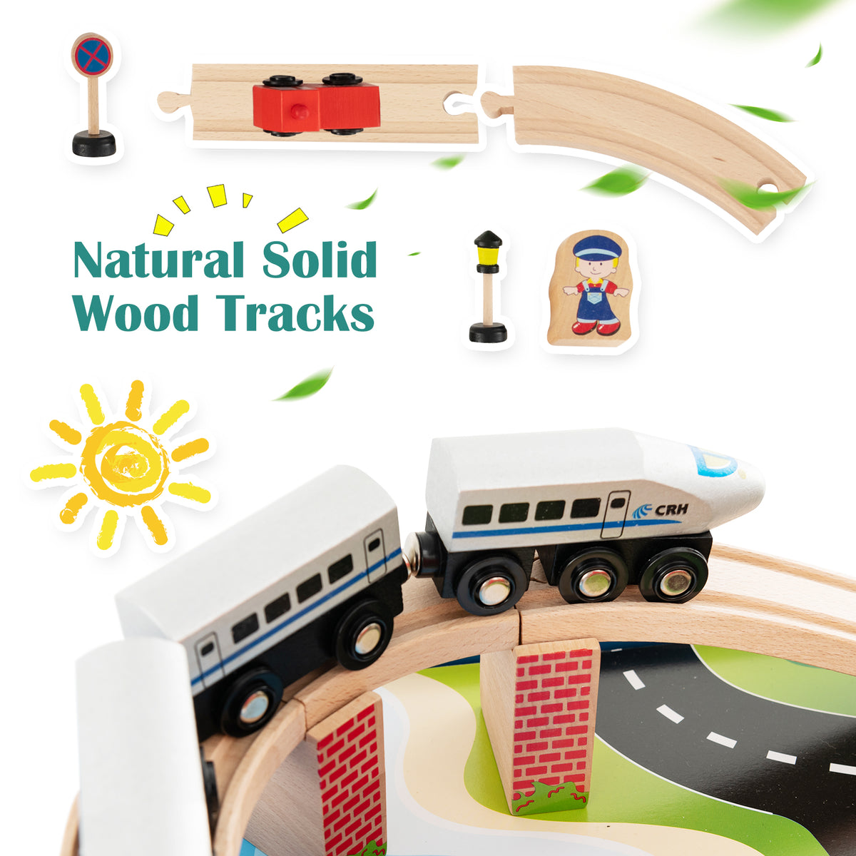 Close up of the wooden train tracks and carriages on the activity playset