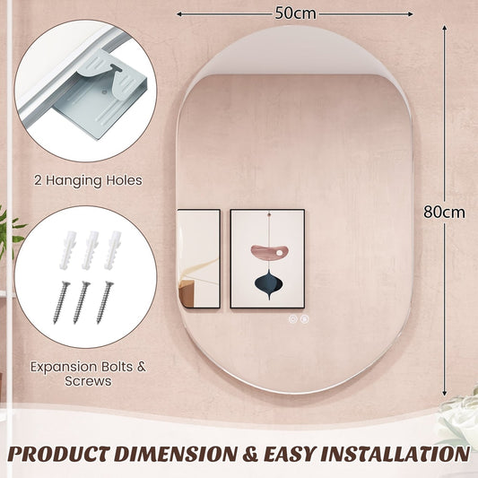 The oval LED wall mirror with dimensions 80 x 50 CM and hanging hardware