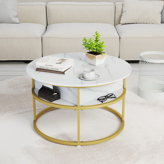 The round coffee table with a white marble effect top and gold legs, set in a living room