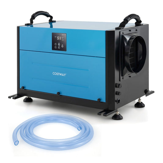 Blue commercial dehumidifier with a coiled drainage hose next to it