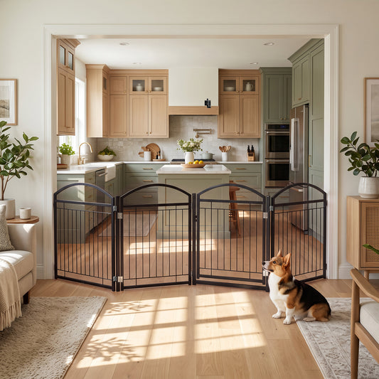 The pet gate placed in a doorway between a living room and a kitchen with a small dog sitting nearby