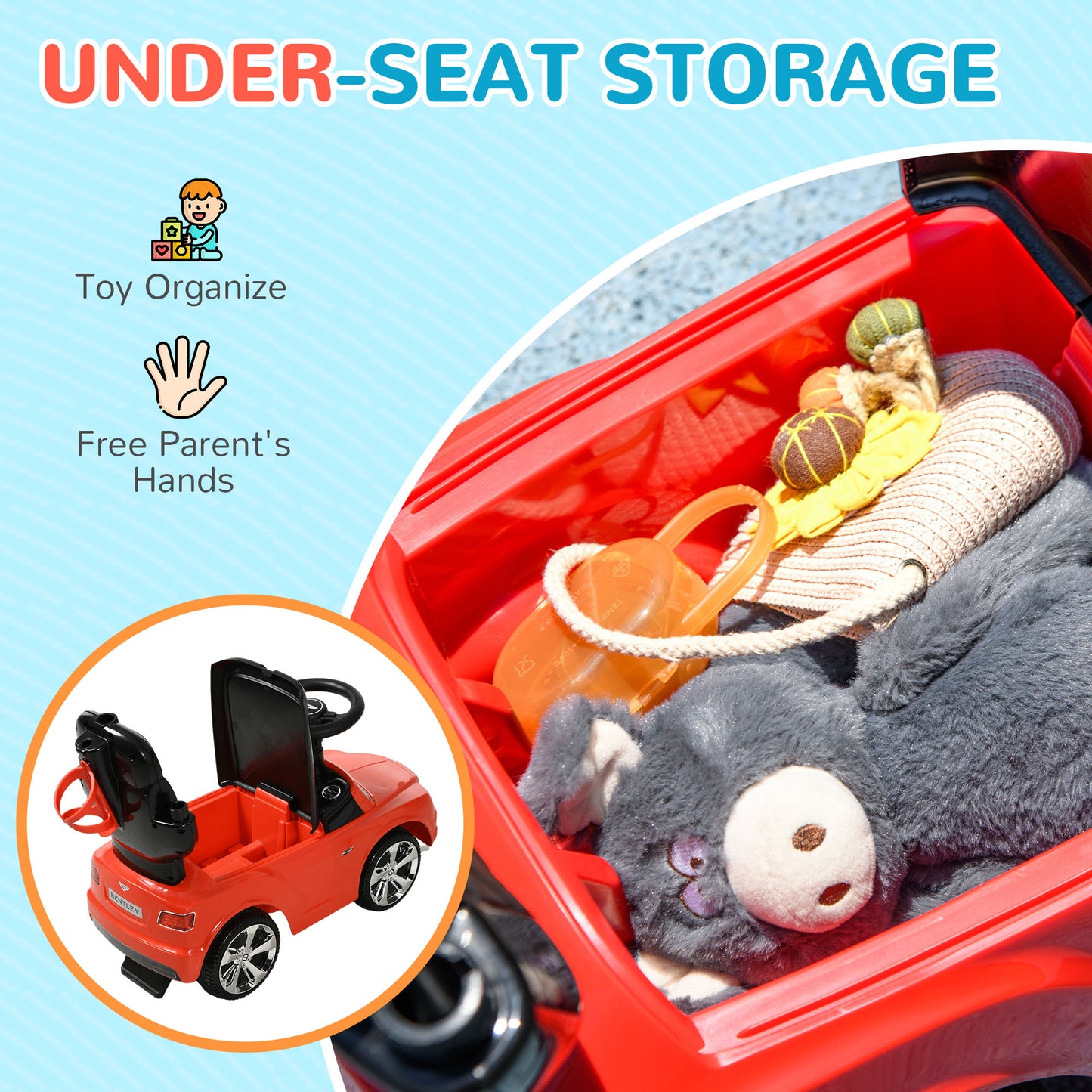 AIYAPLAY Bentley Bentayga Licensed 3-in-1 Baby Push Car, Ride on Car Sliding Car with Canopy, Horn Music - Red