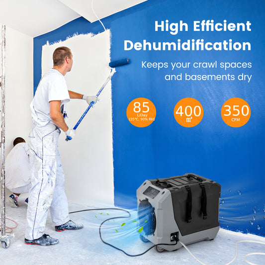 The commercial dehumidifier operating in a room while a person paints a blue wall