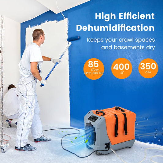 High efficient dehumidification text and icons above a commercial dehumidifier in a room with people painting
