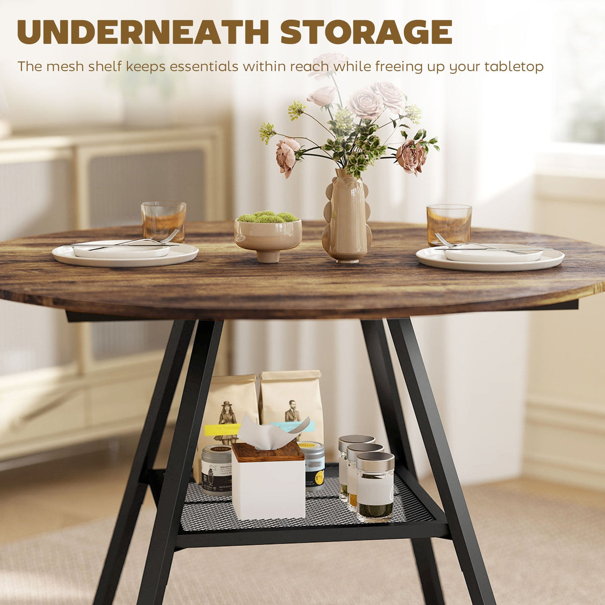 HOMCOM Dining Table for 4 People, 100 cm Round Industrial Kitchen Table with Storage Shelf, Rustic Brown