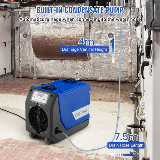 Commercial dehumidifier with pump, showing the condensate pump and hose connection