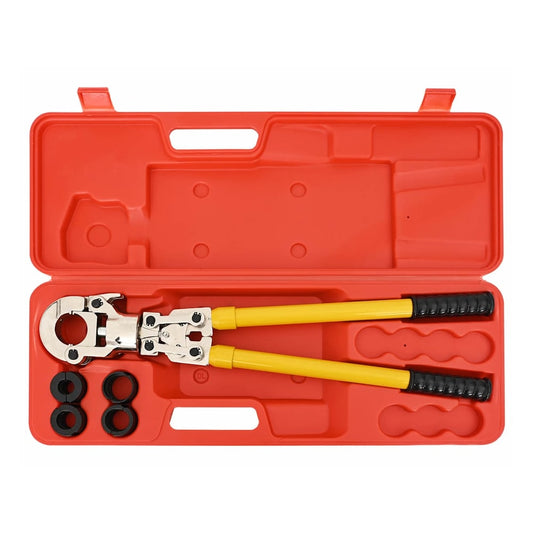 The open red case shows the hydraulic crimping pliers with yellow handles and four black dies