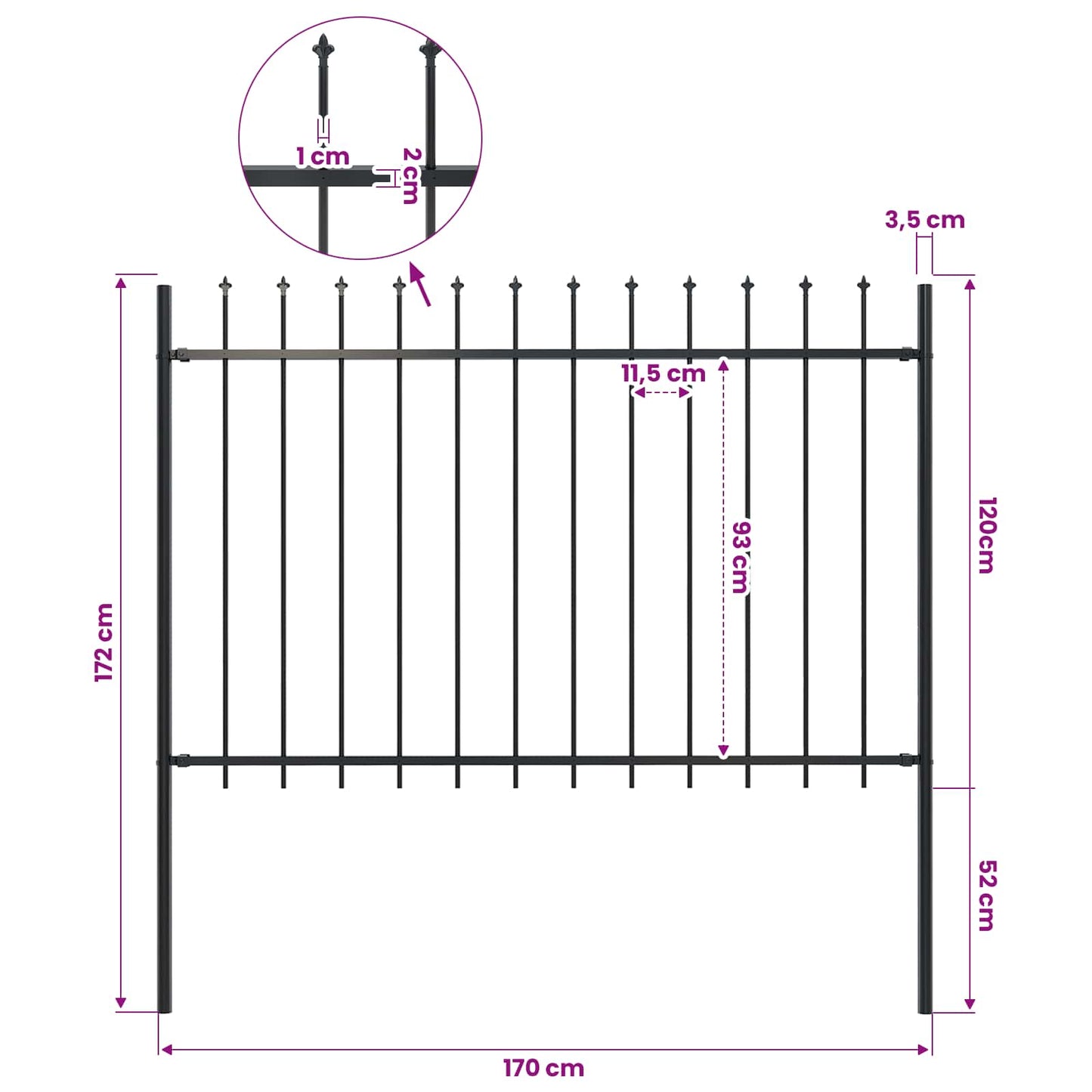 vidaXL Garden Fence "Woerden" with Spear Top Steel 170x120 cm Black 5