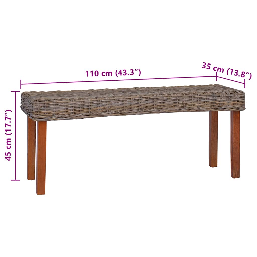 285791 vidaXL Bench 110 cm Natural Kubu Rattan and Solid Mahogany Wood 6