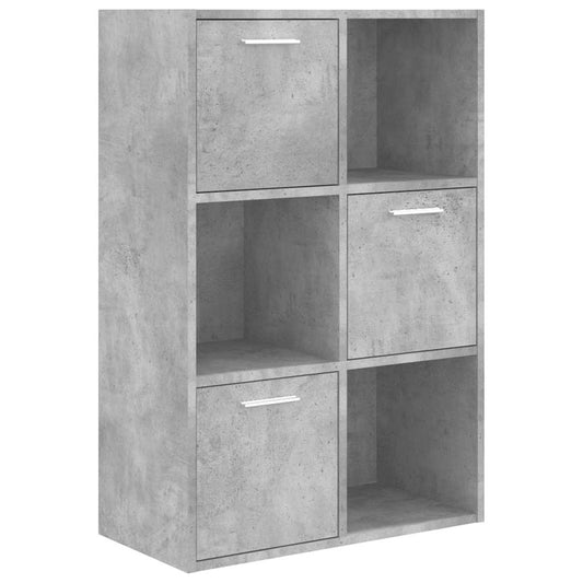 The standing shelves unit showing its concrete grey finish and six compartments