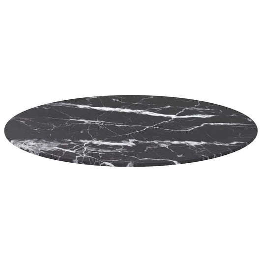 A round black table top with a white marble pattern, shown from a slight angle