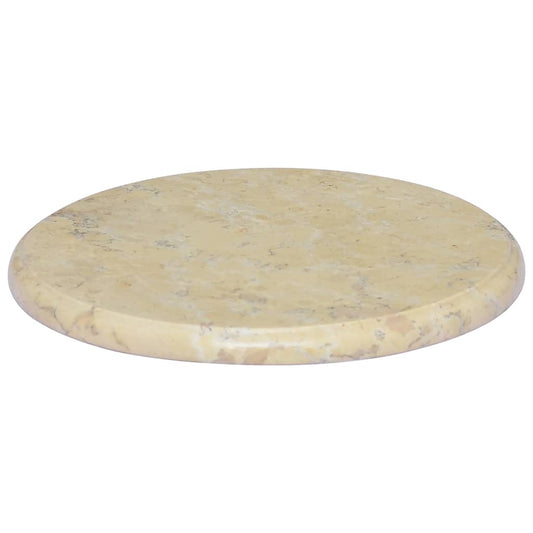 Close-up of the cream marble table top with a natural stone pattern