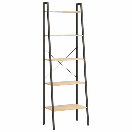 The standing shelf shown from a high angle to display the five tiered wooden shelves and frame