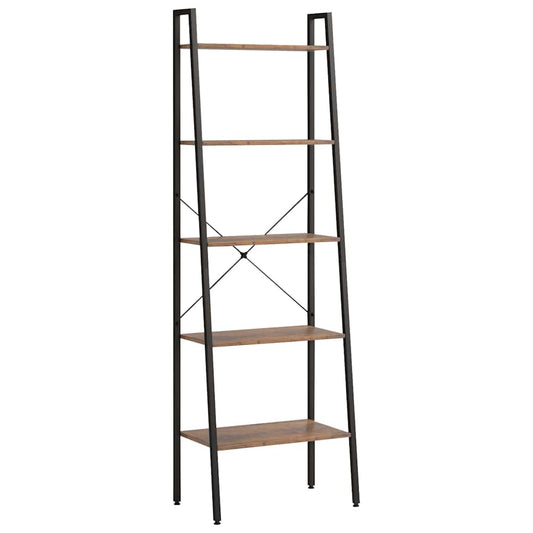A tall, dark brown and black five-tier standing shelf against a white background