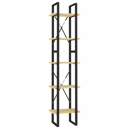 Tall, narrow five-tier bookcase with black metal frame and pine wood shelves