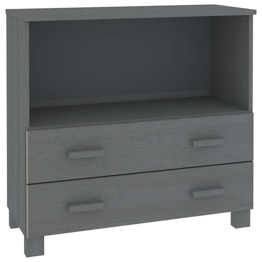 The dark grey sideboard with an open shelf and two closed drawers on a plain background