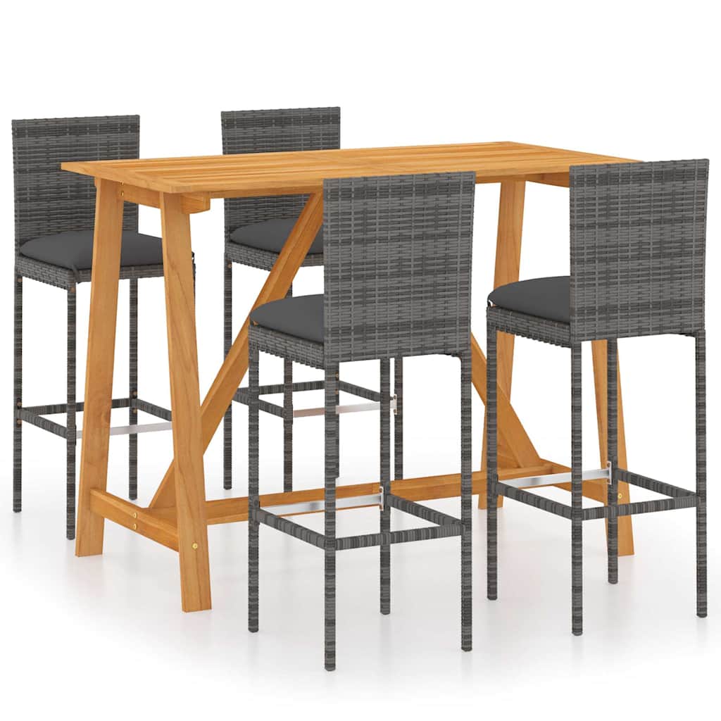 5 Piece Garden Bar Set with Cushions Poly Rattan Grey 140 x 70 x 104 cm