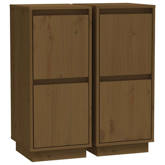 Two honey brown solid wood pine sideboards standing side by side