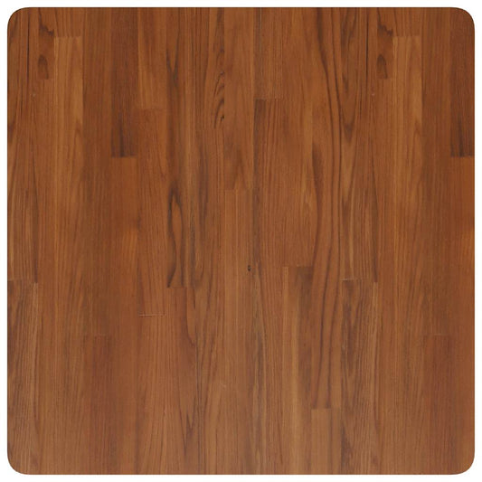 The square table top viewed directly from above showing the dark brown wood grain pattern