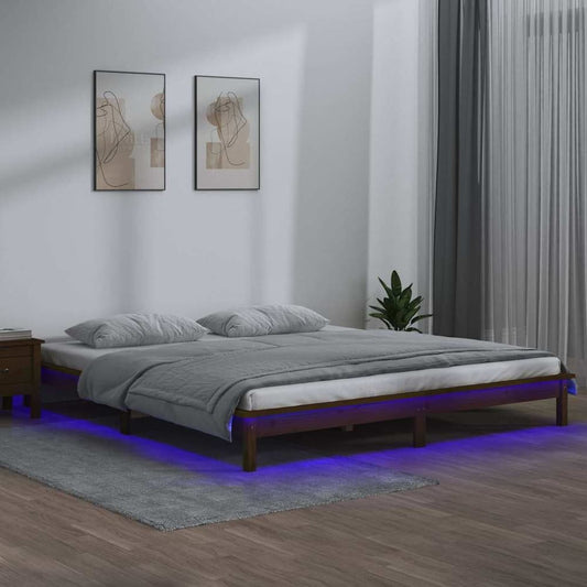 LED Bed Frame without Mattress Solid Wood Length 200 cm Honey Brown 140 cm