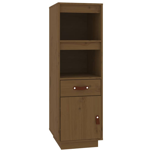 the tall narrow cabinet with a door and a drawer, showing its honey brown pine wood finish