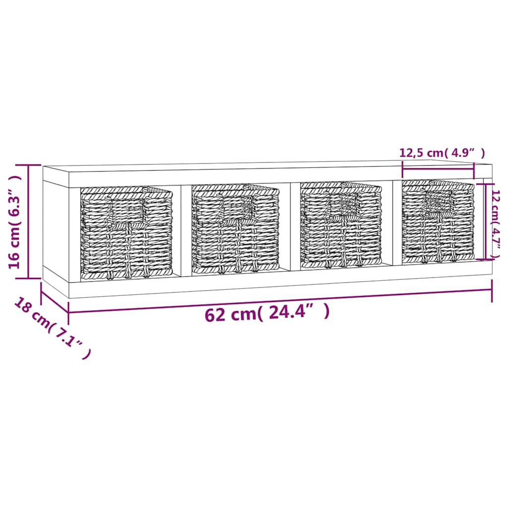 vidaXL Wall Shelf with Baskets 62x18x16 cm Solid Wood Walnut 6