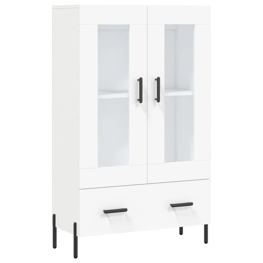 White engineered wood highboard with two glass doors and two drawers