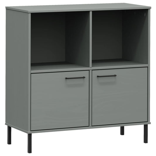 The bookcase standing against a white background showing the two open shelves and two cupboards