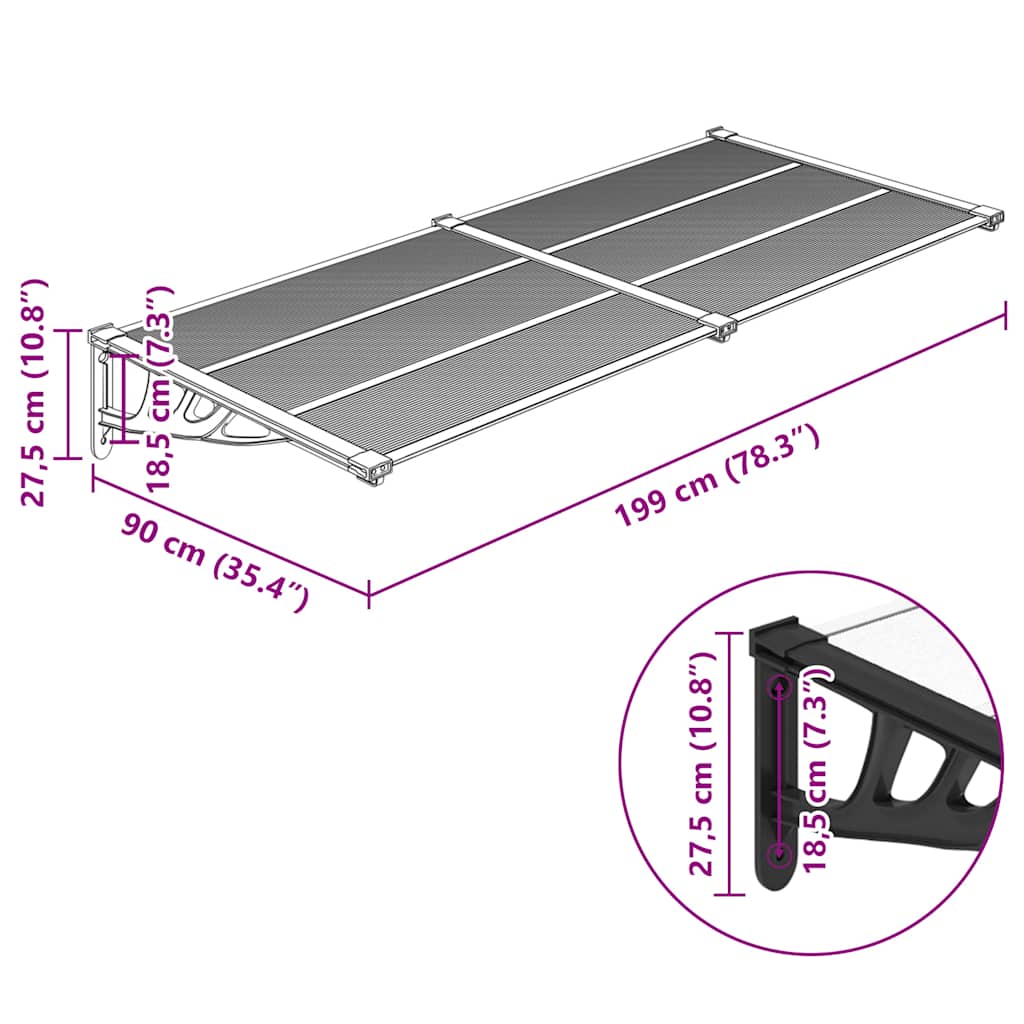 vidaXL Door Canopy Black and Transparent 199x90 cm Polycarbonate 6