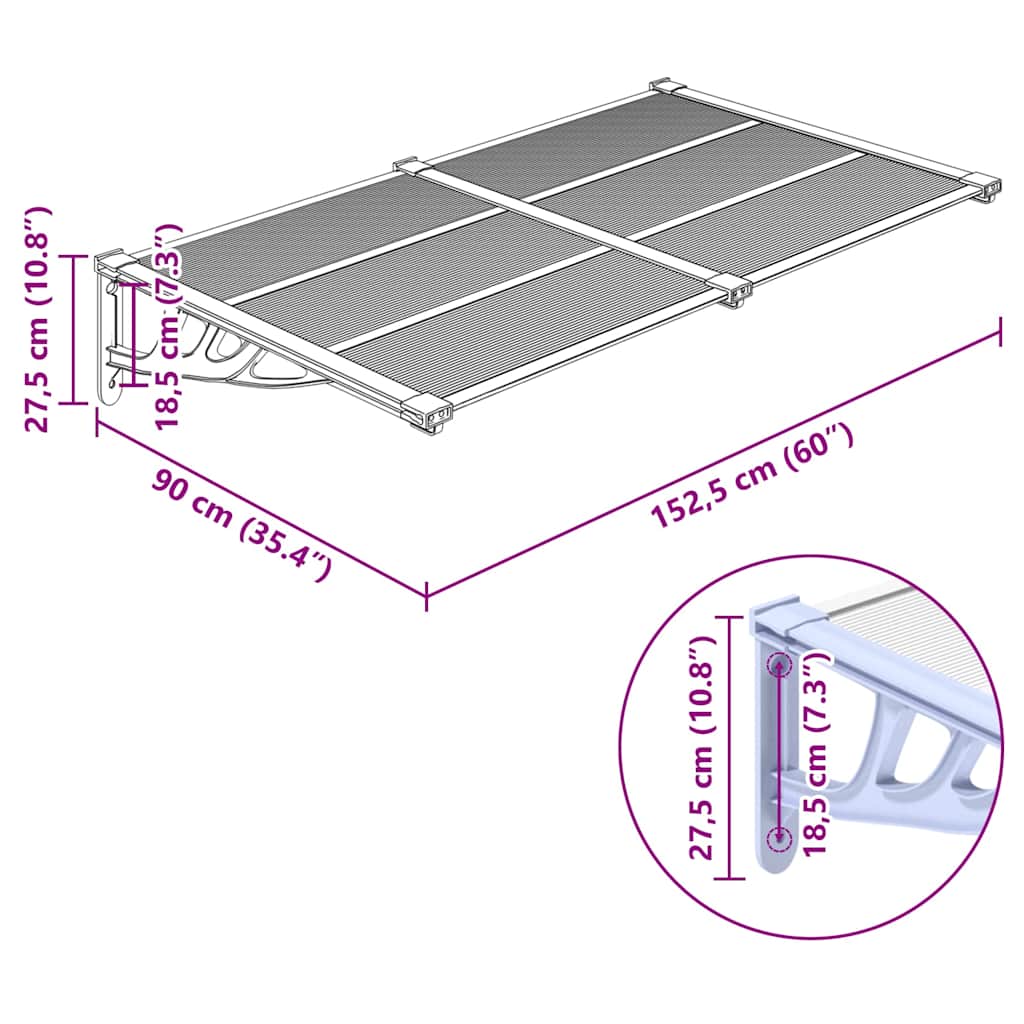 vidaXL Door Canopy Grey and Transparent 152.5x90 cm Polycarbonate 6