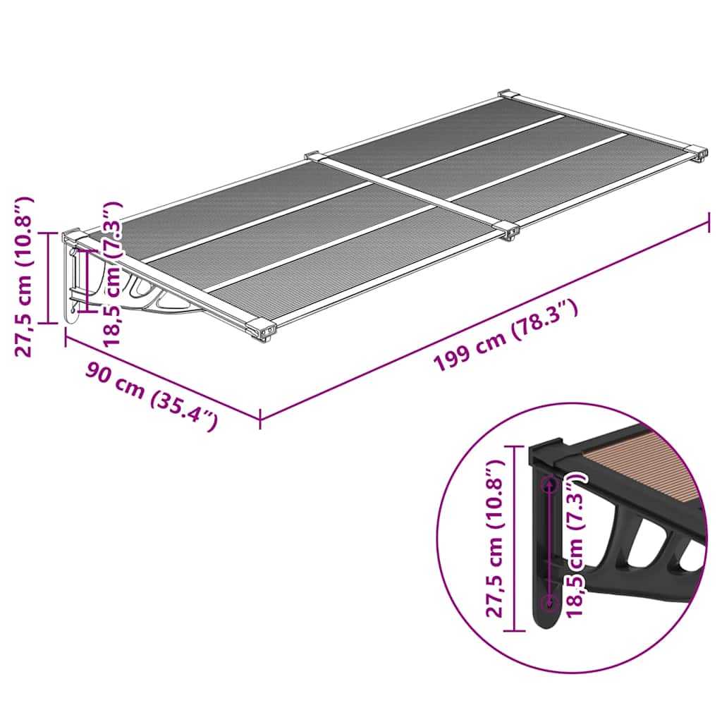 vidaXL Door Canopy Black 199x90 cm Polycarbonate 6