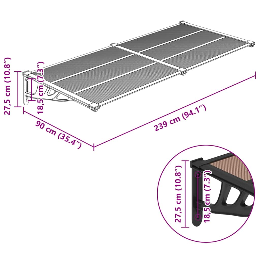 vidaXL Door Canopy Black 239x90 cm Polycarbonate 6