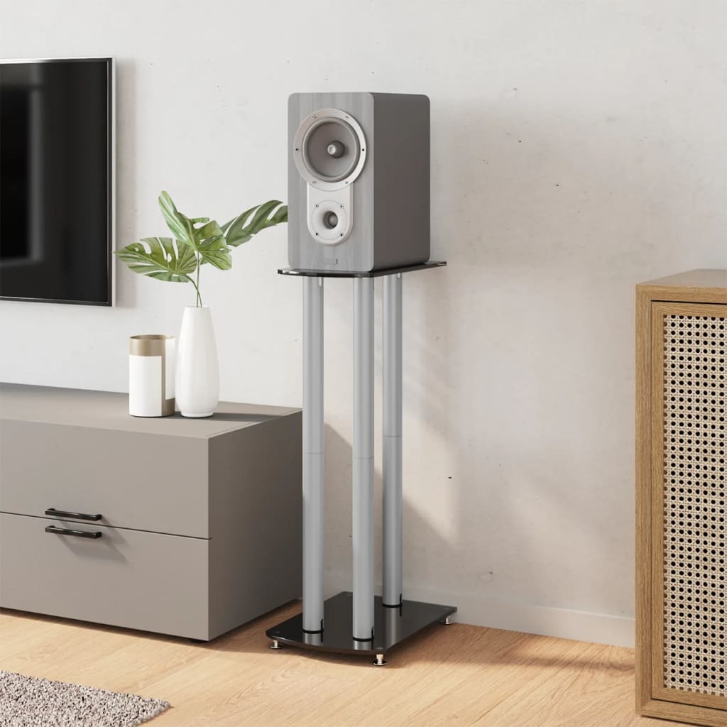 Speaker Stands 2 pcs Tempered Glass 3 Pillars Design Black and silver