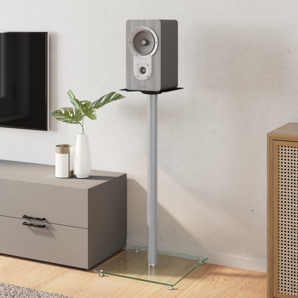Speaker Stands 2 pcs Tempered Glass 1 Pillar Design Silver