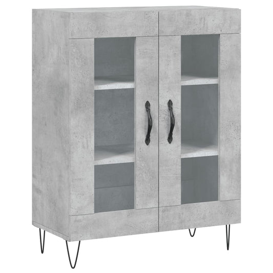 Concrete grey engineered wood sideboard with two glass doors and black handles